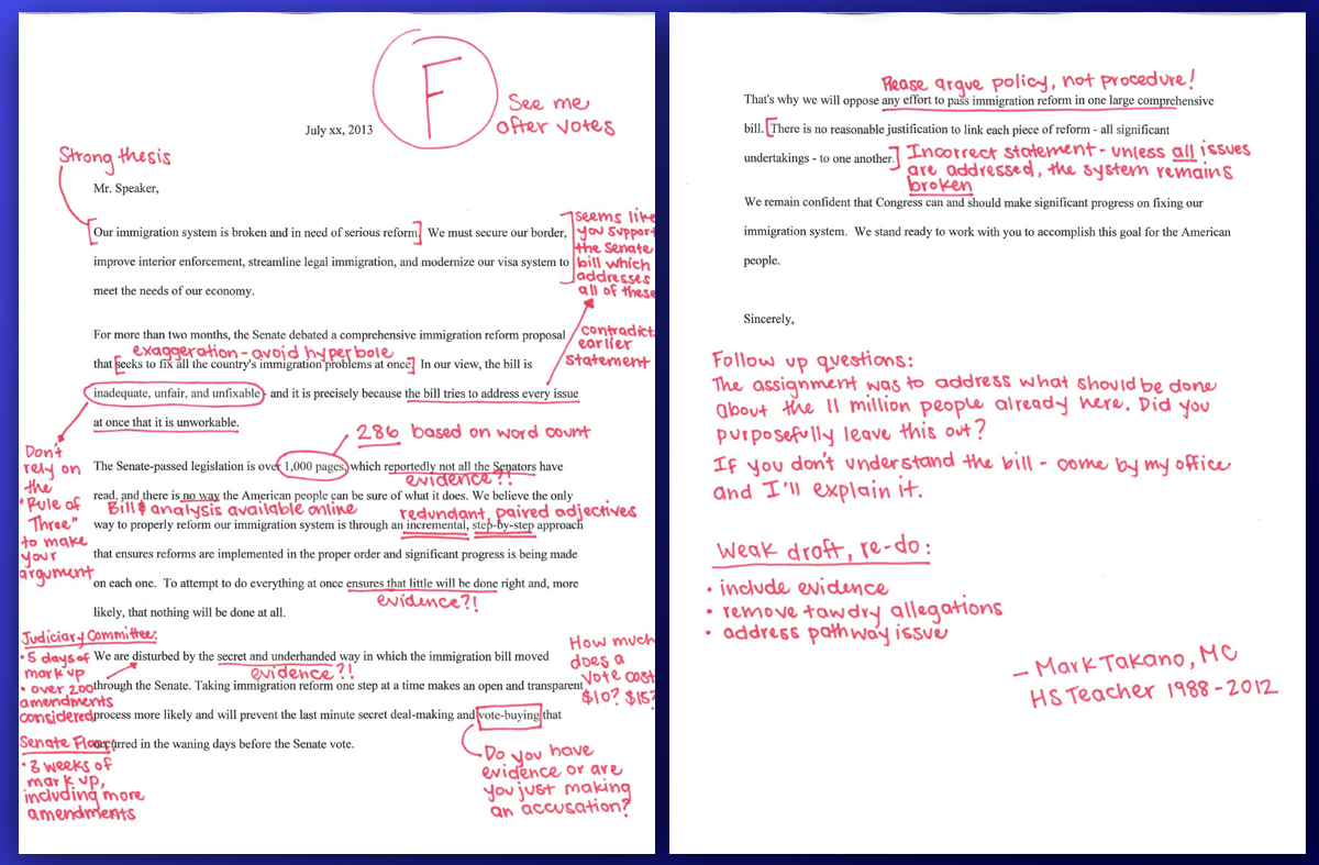 Mark Takano grading Boehner letter F